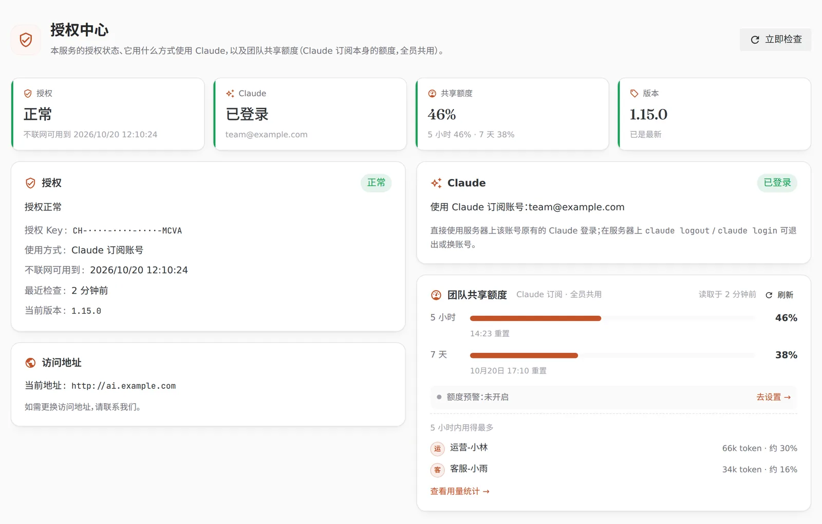 授权中心:授权、Claude 登录、共享额度、版本