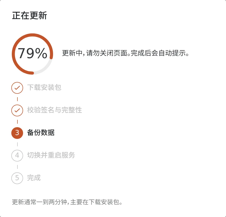 更新进度:下载、校验、备份、切换重启、完成
