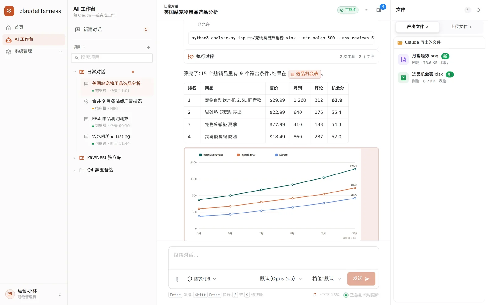 AI 工作台：左边是项目和对话，中间是和 Claude 的对话，右边是产出的文件
